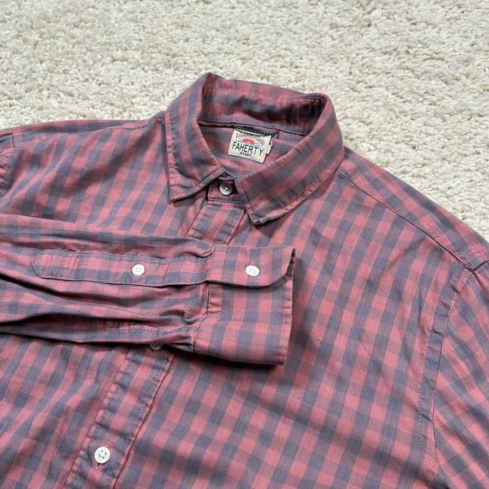 Faherty Button Down Shirt Large Red Grey Gingham Plaid Long Sleeve Stretch